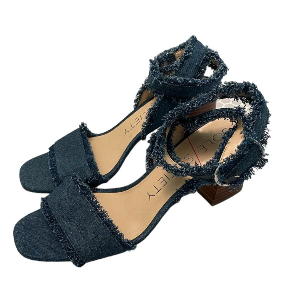 Sole Society Jordenya Heel Sandals Womens 8M Denim Fringe Design Ankle Strap